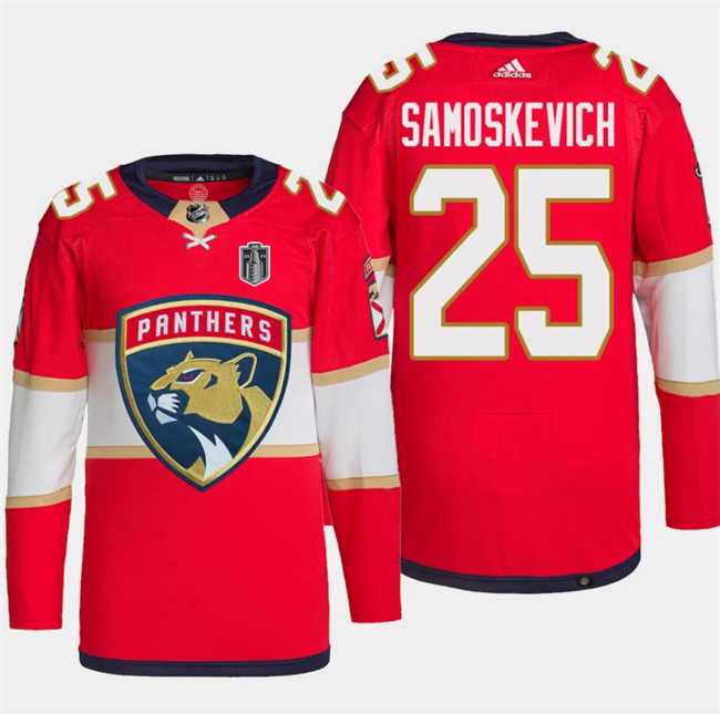 Mens Florida Panthers #25 Mackie Samoskevich Red 2024 Stanley Cup Final Patch Stitched Jersey Dzhi